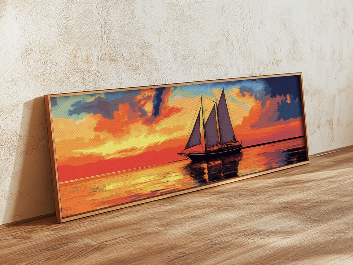 Tall Sail Ship Sunset Orange Sky Ocean Panoramic Nautical Poster - Image 4