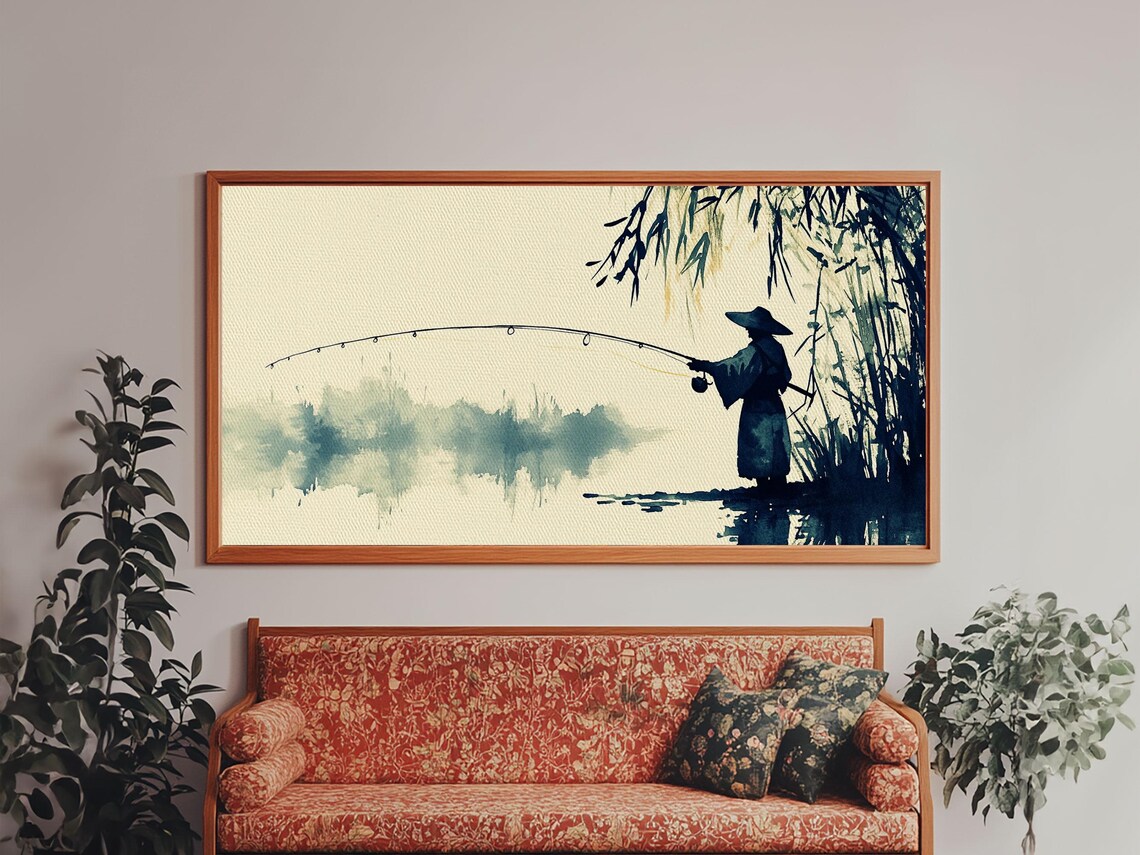 Japanese Fisherman Casting Line Misty Lake Ink Wash Watercolor Print