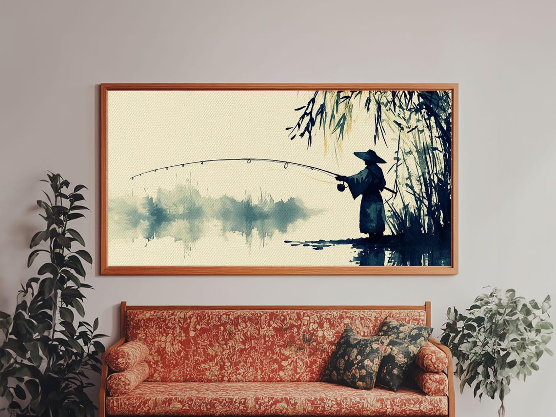 Watercolor Painting Print Of A Fisherman Elegant Japanese Style Artwork Framed Print Ready To Hang Coastal Wall Art Fishing Gift