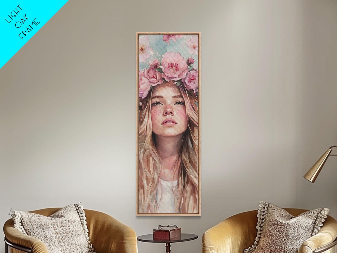 Flower Crown Girl Portrait Watercolor Blooming Pink Floral Wall Art