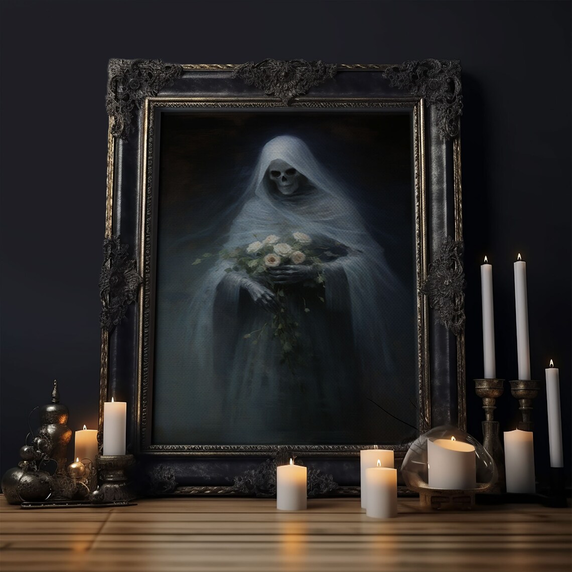 Grim Reaper Holding Flowers, Gothic Halloween Art Print