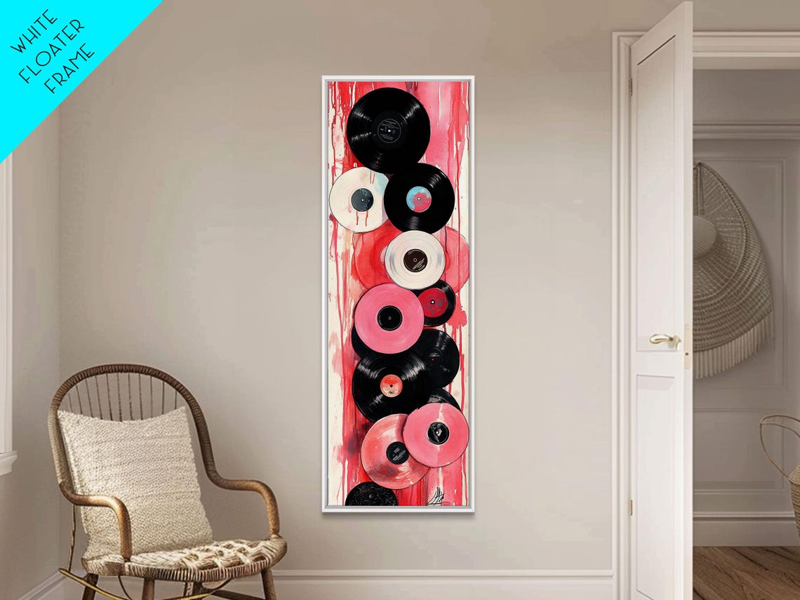 Pink Black And White Vinyl Records Stacked Retro Music Wall Art - Image 6