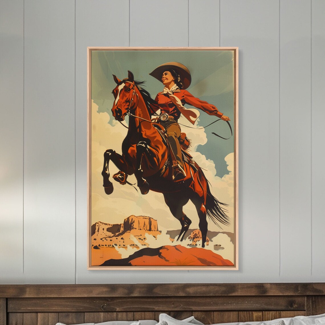Vintage Cowgirl Riding Rearing Horse Desert Mesa Ranch Poster - Image 4