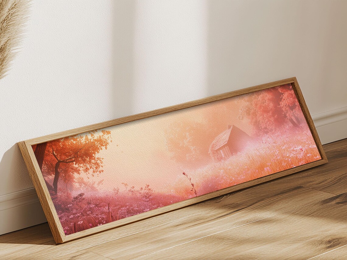Misty Pink Cabin Autumn Forest Landscape Dreamy Cozy Wall Art - Image 6