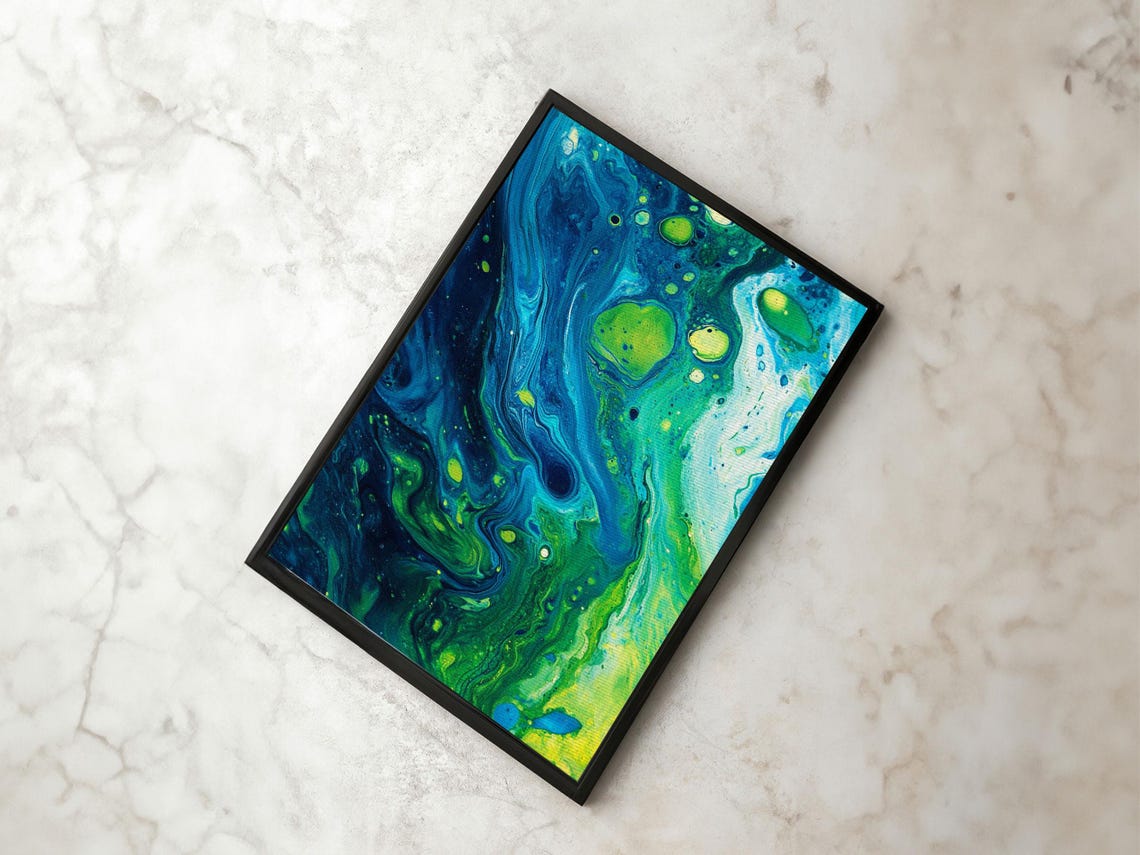 Blue Green Fluid Abstract Art Marble Acrylic Pour Ocean Cells Print - Image 4