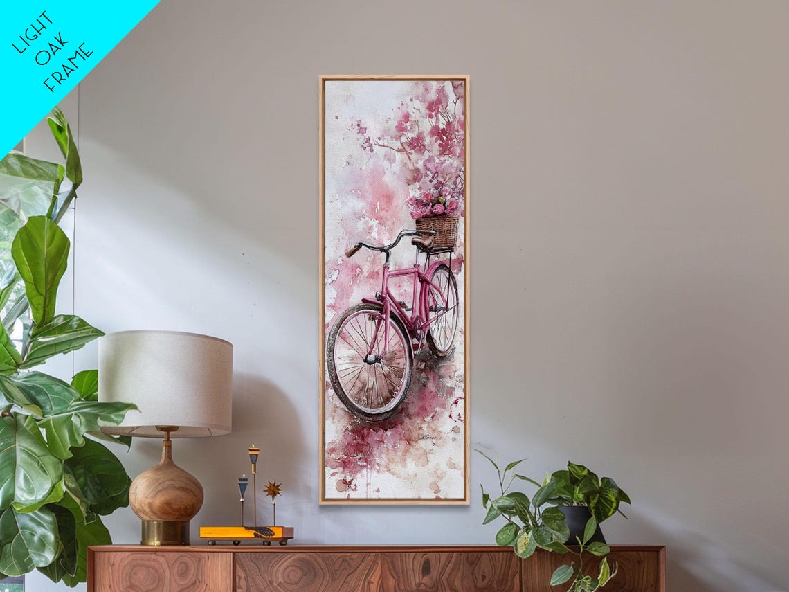 Pink Vintage Bicycle With Flower Basket Cherry Blossom Wall Art - Image 2