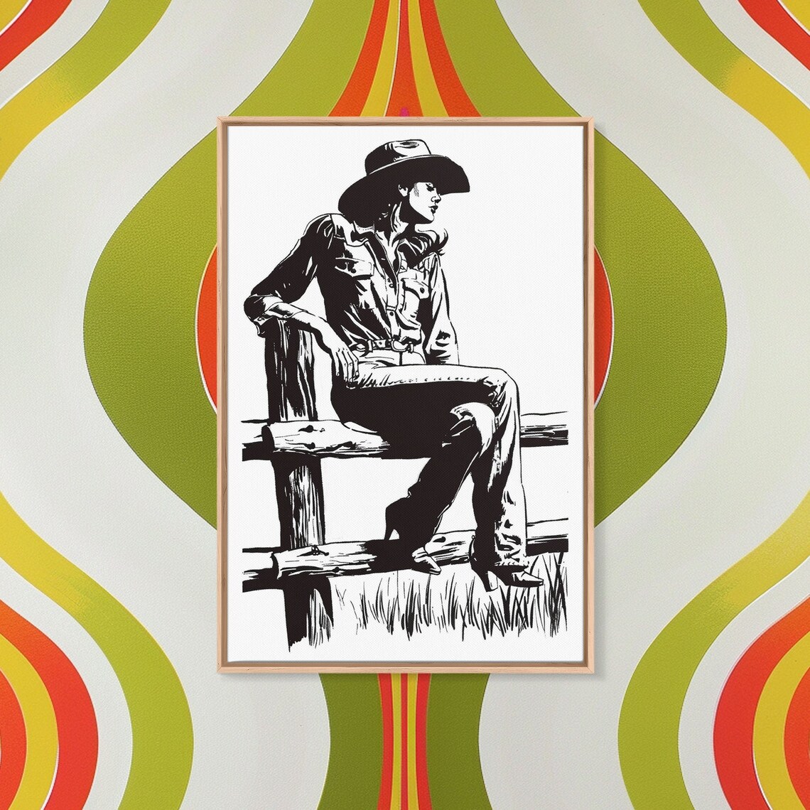 Cowgirl Fence Black White Silhouette Line Art Western Style Wall Print - Image 3