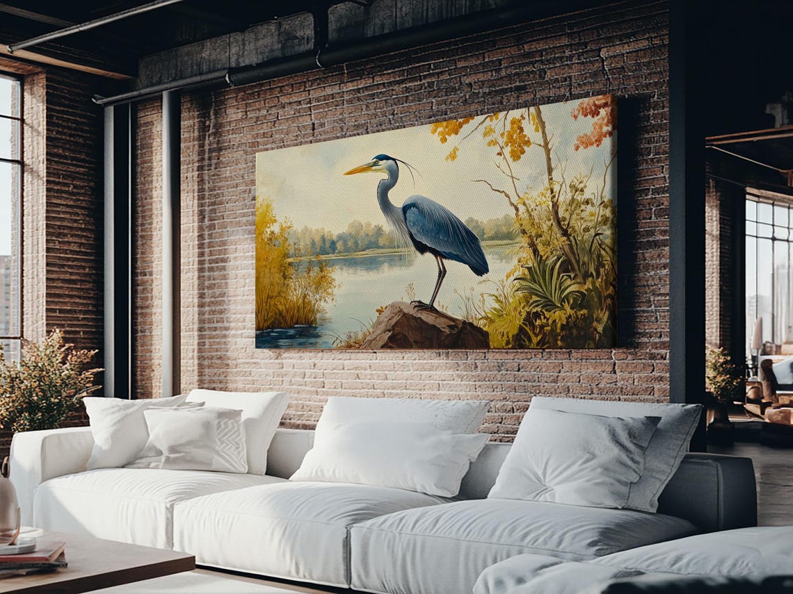 Blue Heron On Rock By Autumn Lake Bird Painting Wall Art Print