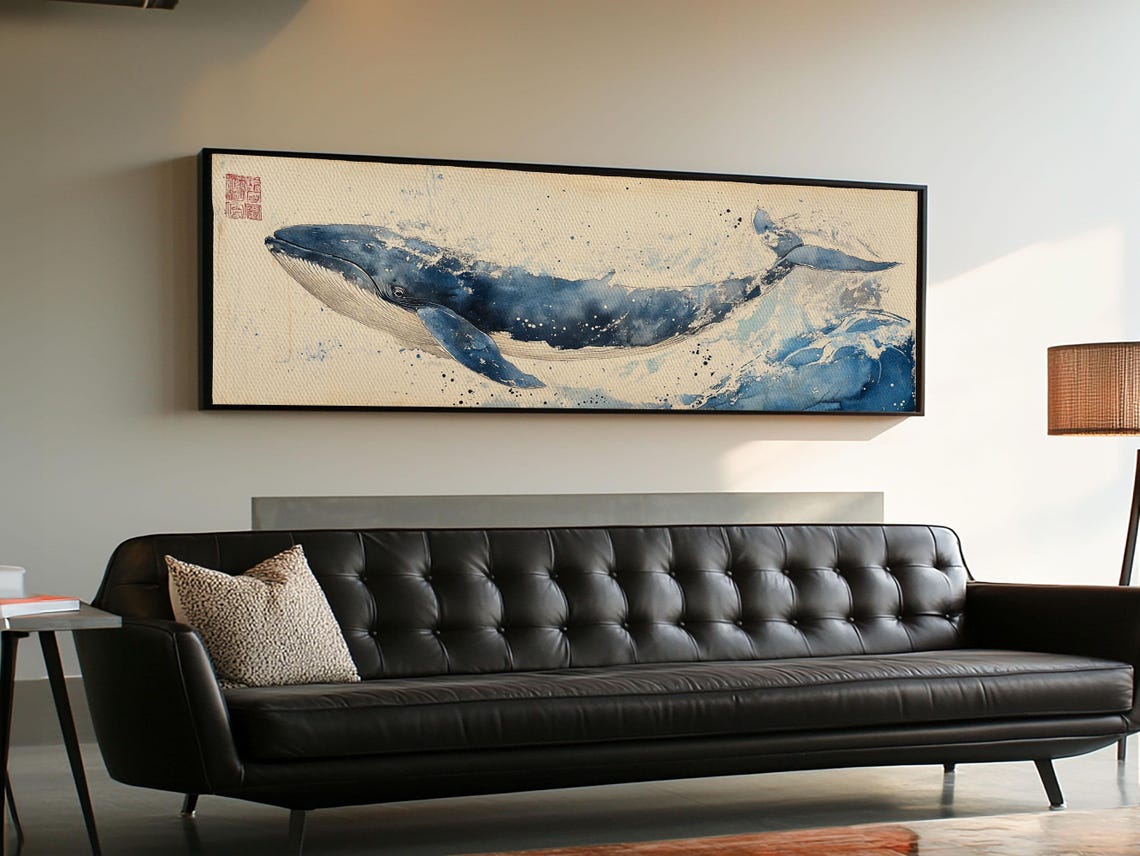 Panoramic Blue Whale Swimming Ocean Wave Watercolor Wall Poster - Image 3
