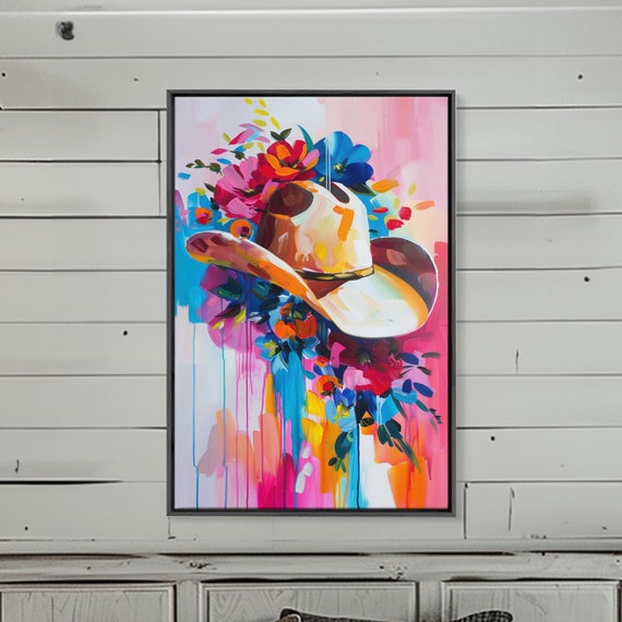Colorful Cowboy Hat With Floral Accents Framed Print Modern Western Decor Bold Hat Wall Art For Living Room Or Bedroom