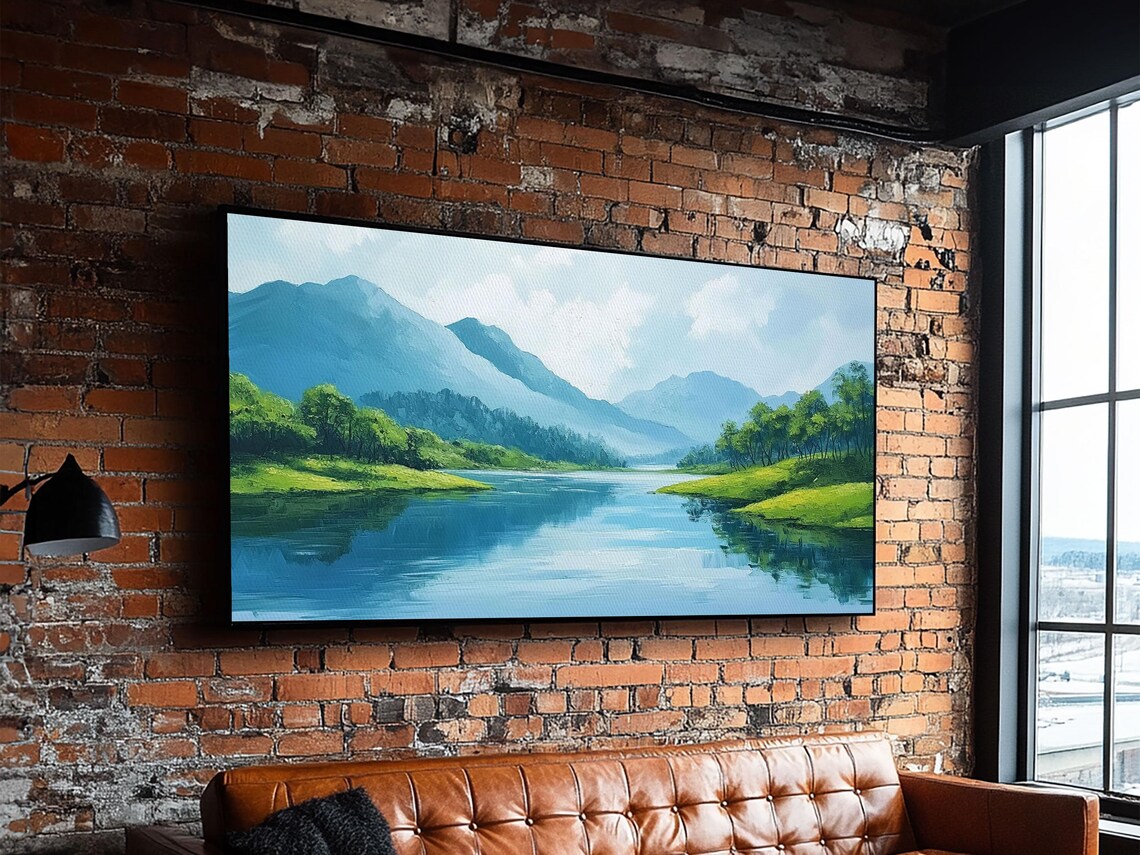 Blue Mountain Lake Misty Peaks Green Valley Calm Water Panoramic Wall Art - Image 2