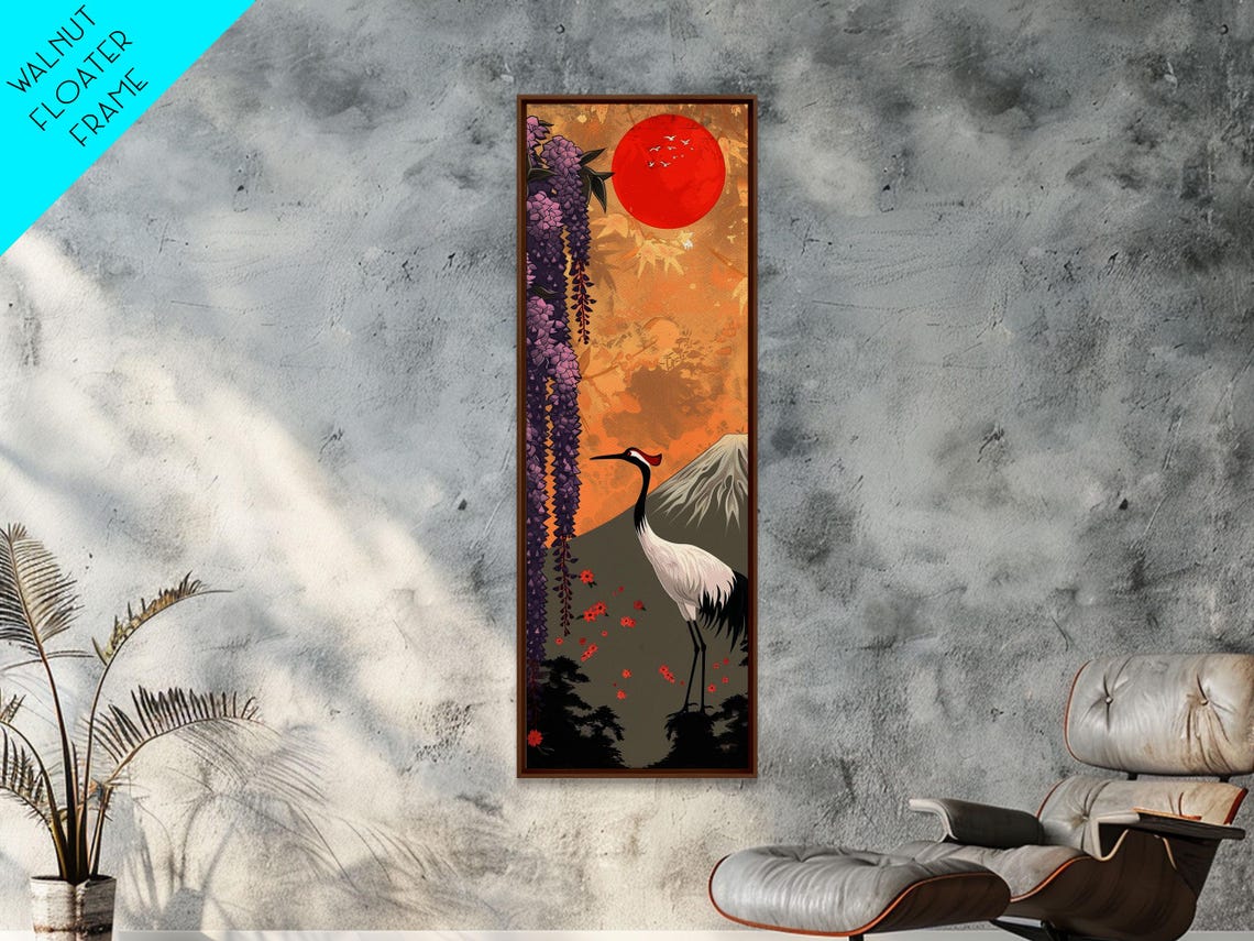 Japanese Crane Wisteria Red Sun Mount Fuji Tall Ukiyo E Art Poster - Image 4