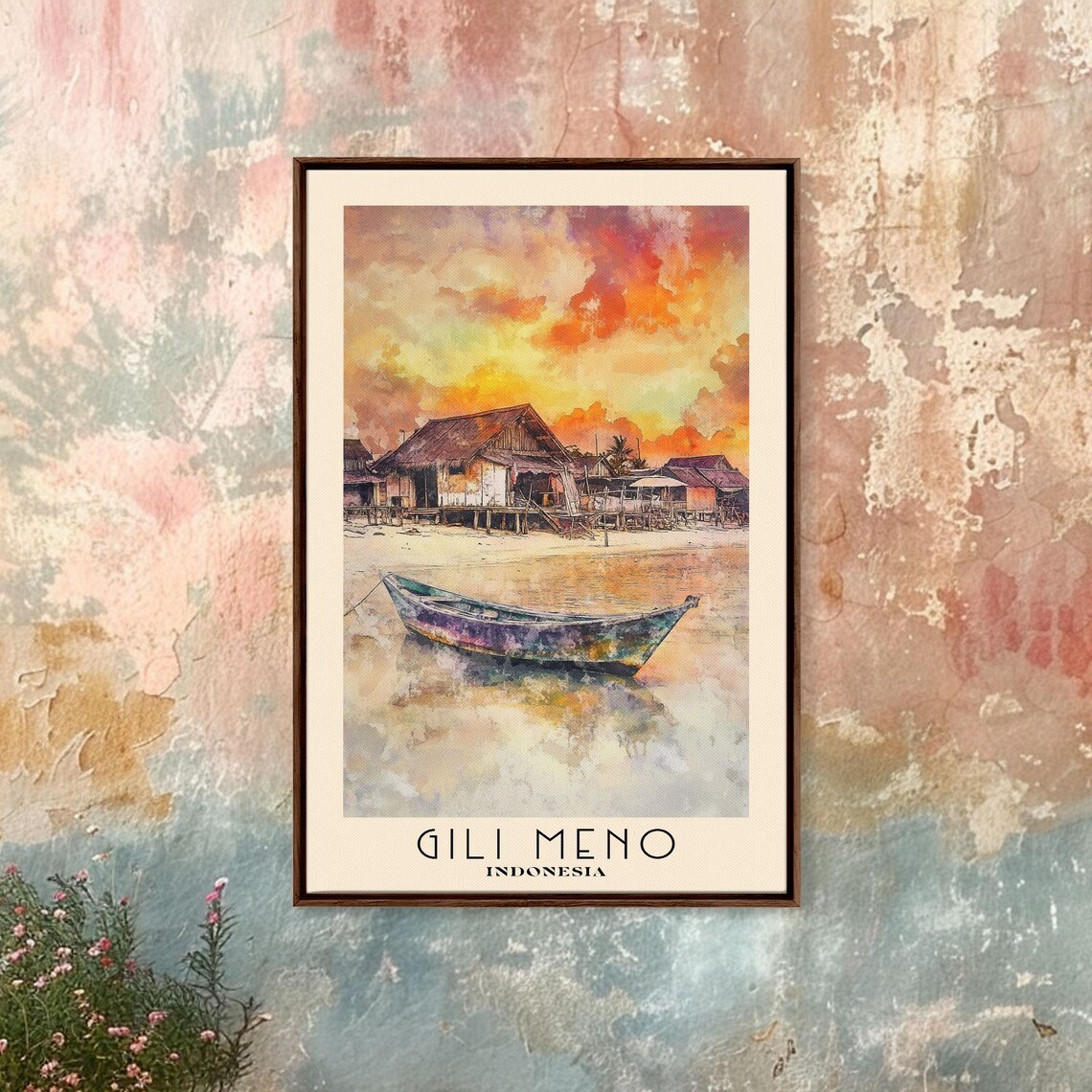 Gili Meno Indonesia Fiery Sunset Fishing Boat Stilt Huts Poster - Image 4
