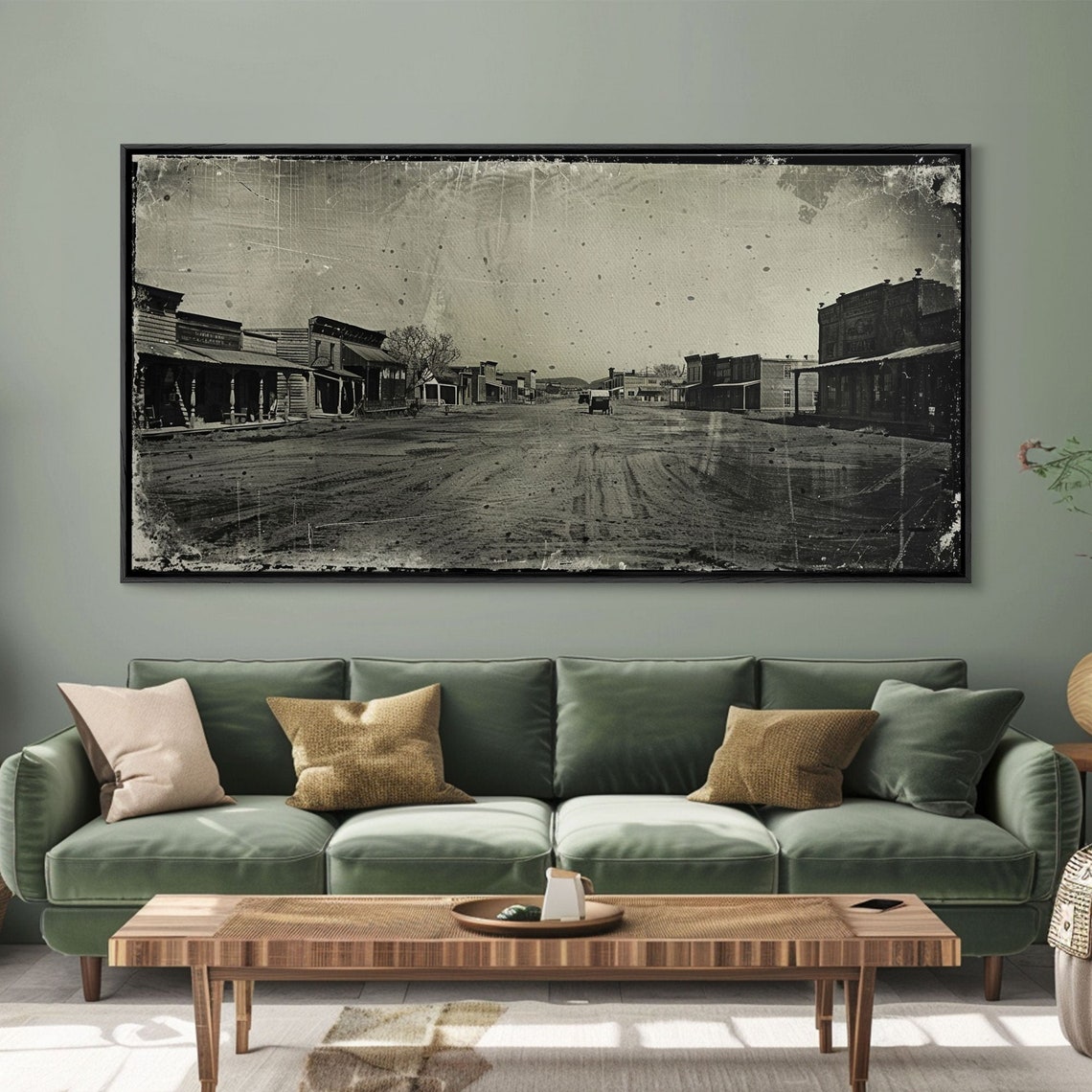 Deserted Old West Town Street Wooden Storefronts Sepia Vintage Print