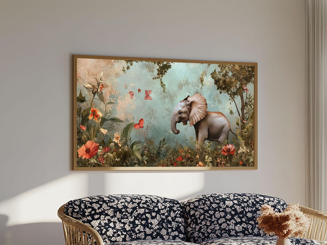 Elephant Jungle Garden Painting Butterflies Botanical Wildlife Art Poster - Image 6