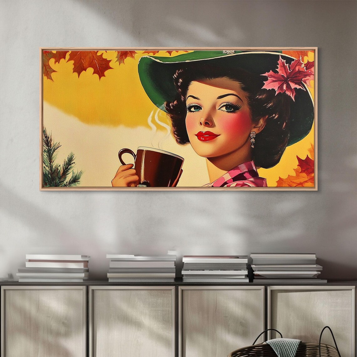 Retro Cowgirl With Coffee Autumn Leaves Vintage Pinup Style Art Poster - Image 5