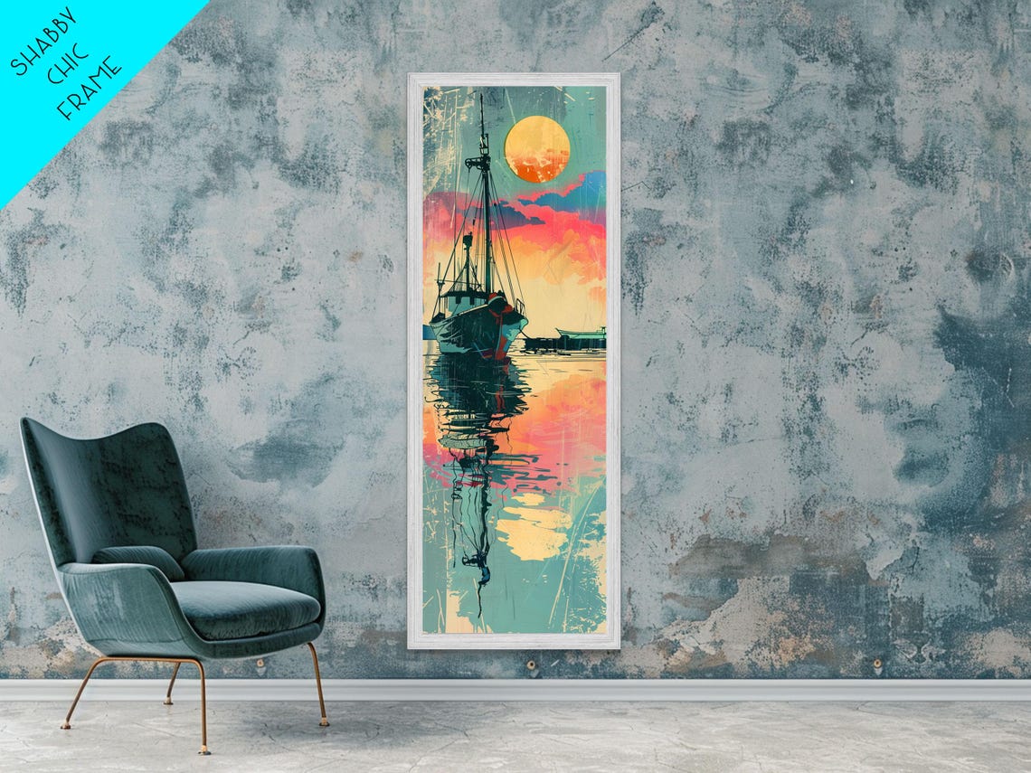 Fishing Boat Sunset Reflection Harbor Vibrant Japanese Art Poster - Image 5