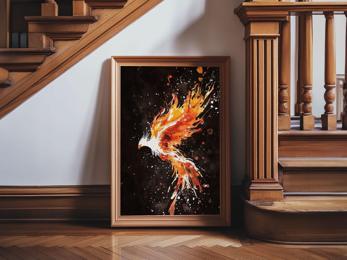 Fiery Phoenix Rising From Flames Watercolor Mythical Bird Poster - Image 6