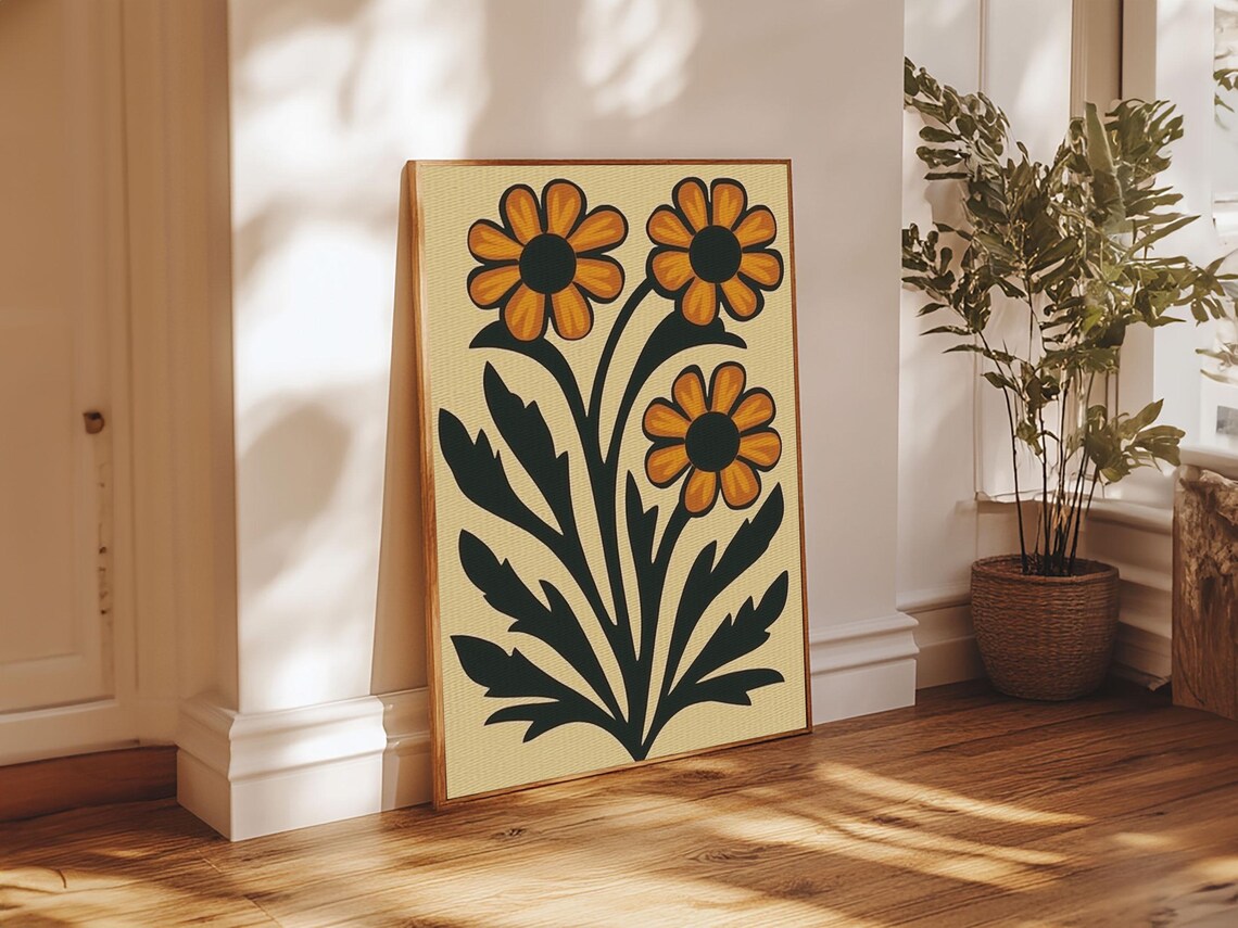 Boho Daisy Flower Floral Botanical Mustard Cream Midcentury Print