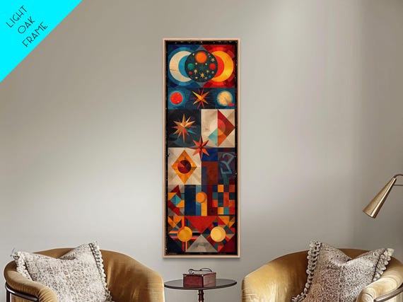 Geometric Cosmic Design In Red And Blue Tones Framed Print Midcentury Modern Art Skinny Art Tall Art Living Room Wall Decor