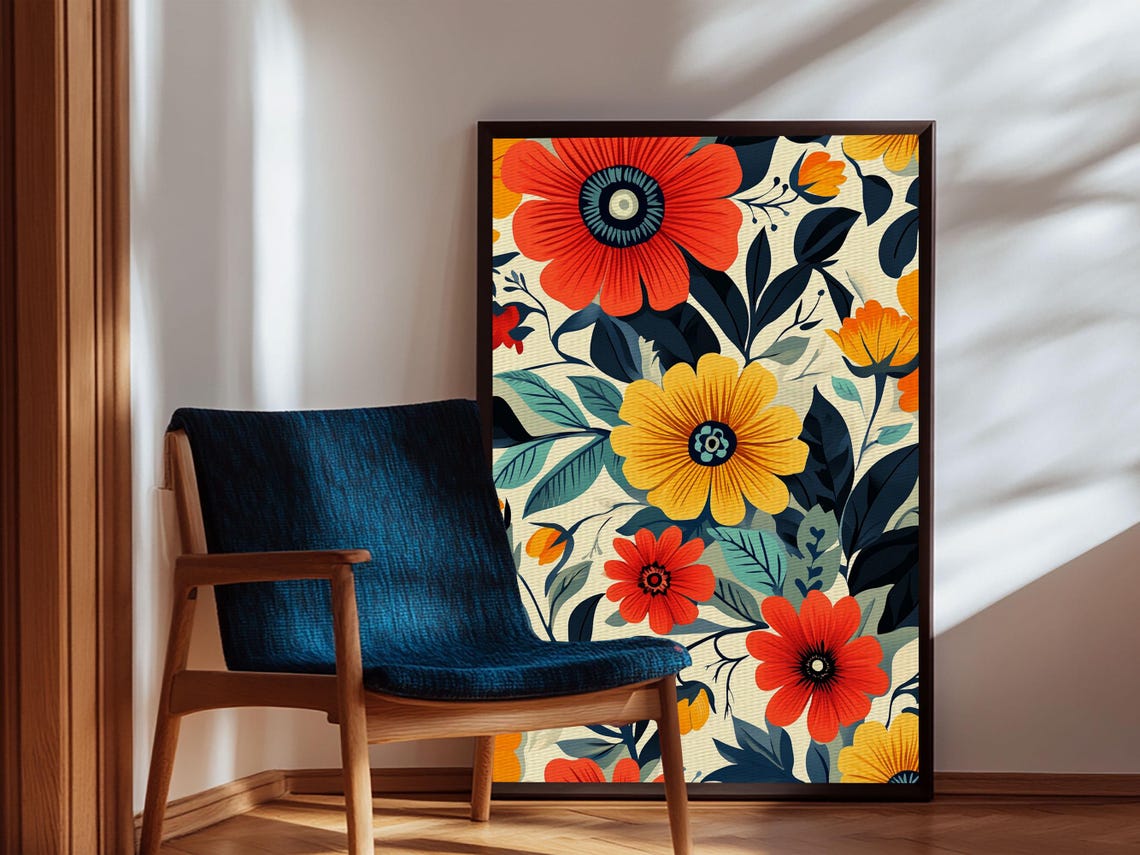 Mid Century Modern Floral Pattern Bold Retro Blooms Cream Art Poster - Image 4