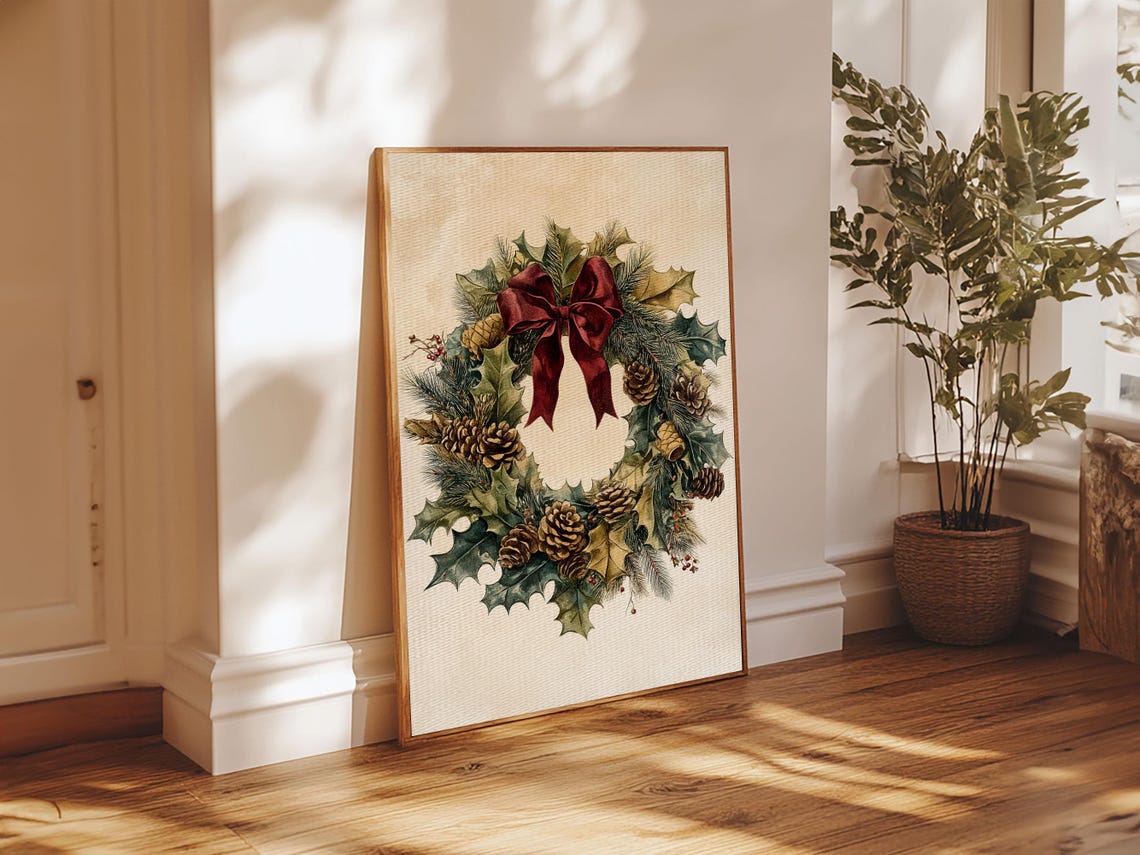 Vintage Christmas Wreath Pinecones Red Bow Classic Holiday Art Poster - Image 2