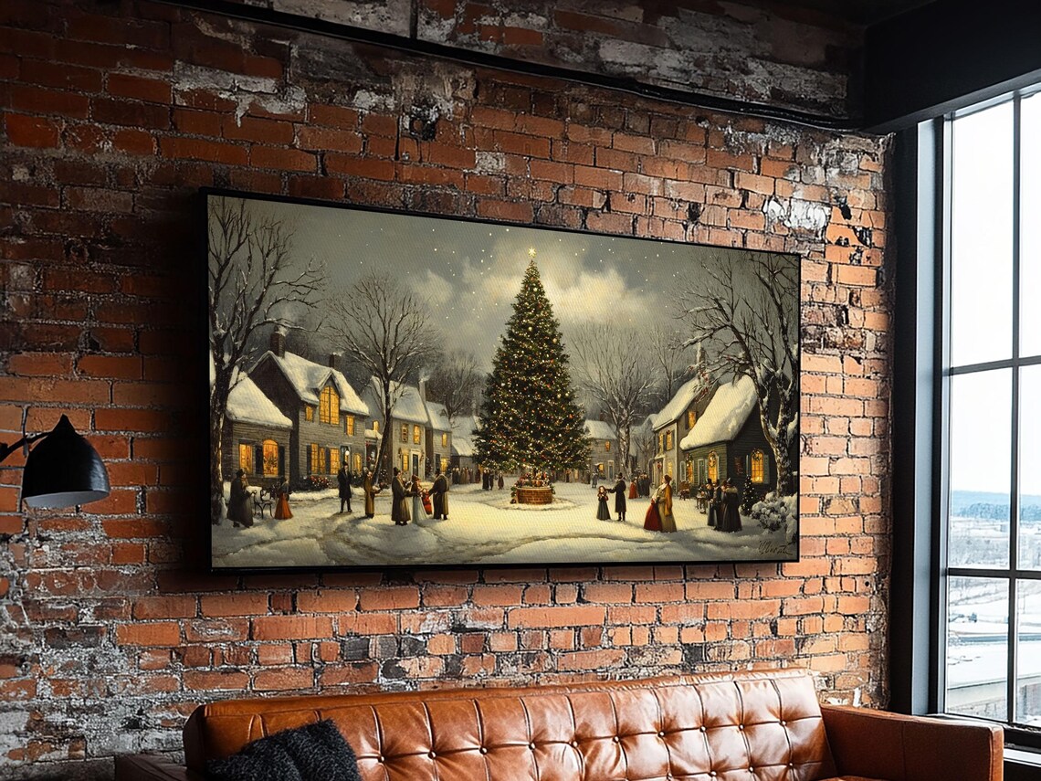 Christmas Village Dusk Snowy Street Big Lit Tree Oil Painting Print - Image 4