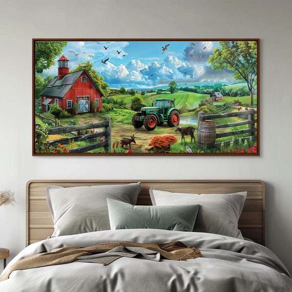Green Tractor Near Red Barn In Countryside Charming Farm Art Framed Print Country Living Room Decor Wall Art