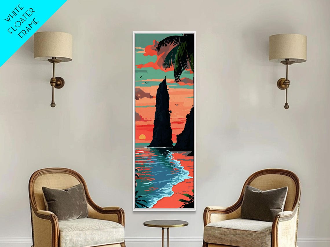 Towering Coastal Rock At Sunset With Palm Trees Tropical Travel Poster - Image 4