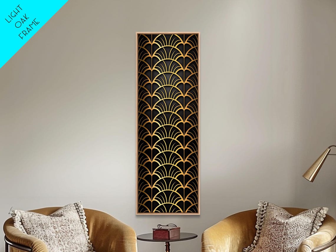 Gold Art Deco Fan Scallop Pattern Black Background Wall Print - Image 3