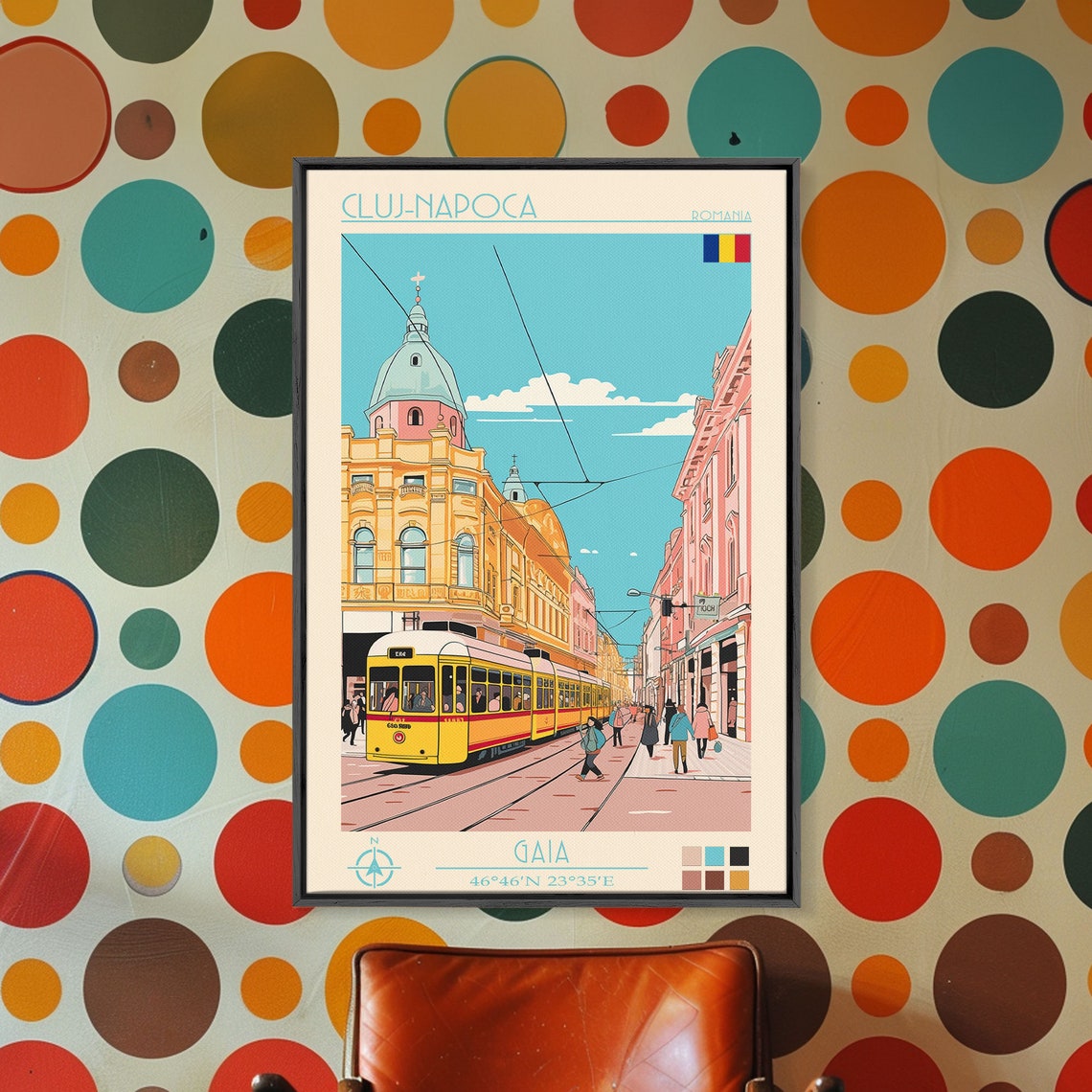 Cluj-Napoca Romania Yellow Tram Domed Building Sunny Street Poster