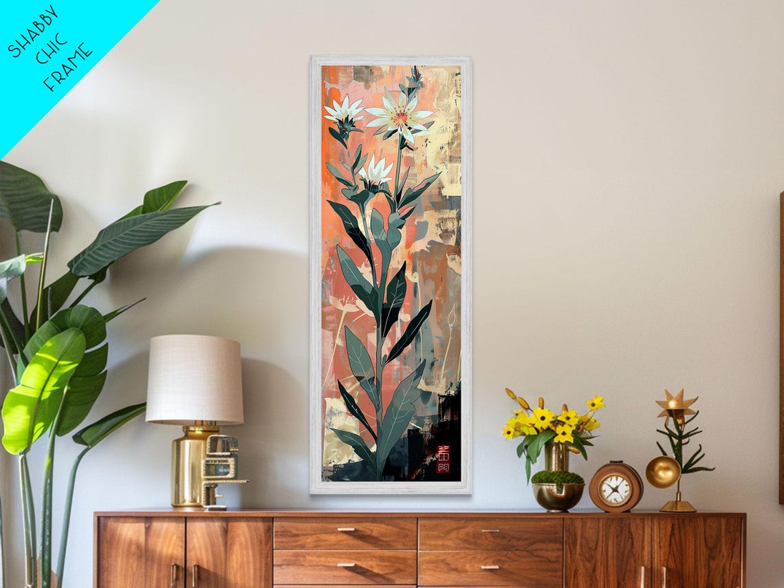 Tall White Wildflowers Coral Abstract Japanese Style Art Poster - Image 4