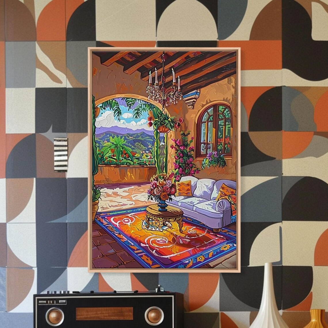 Mexican Terrace Chandelier Sofa Colorful Rug Mountain View Patio Art Print - Image 2