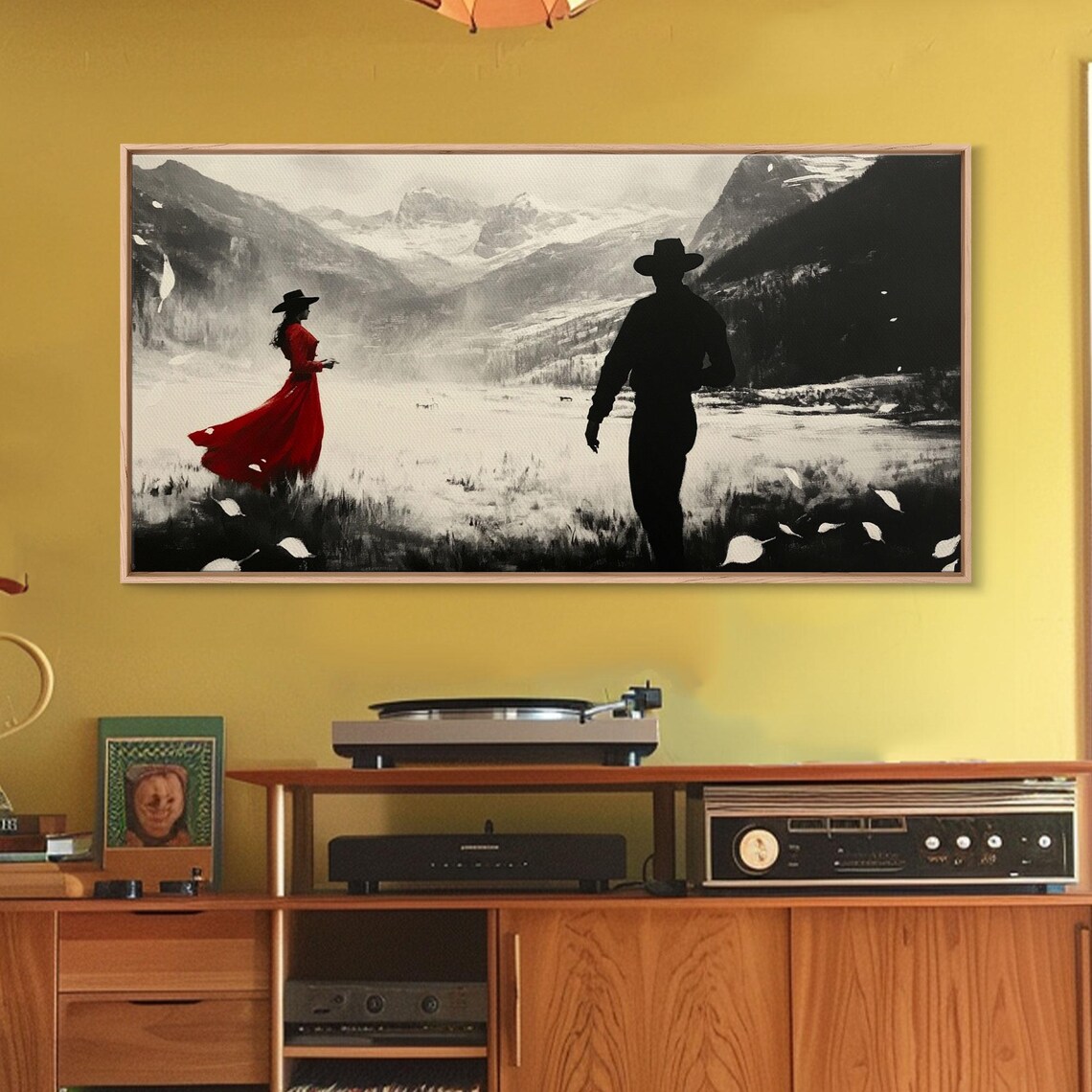 Red Dress Cowgirl Cowboy Silhouette In Snowy Mountain Lake Art Poster - Image 5