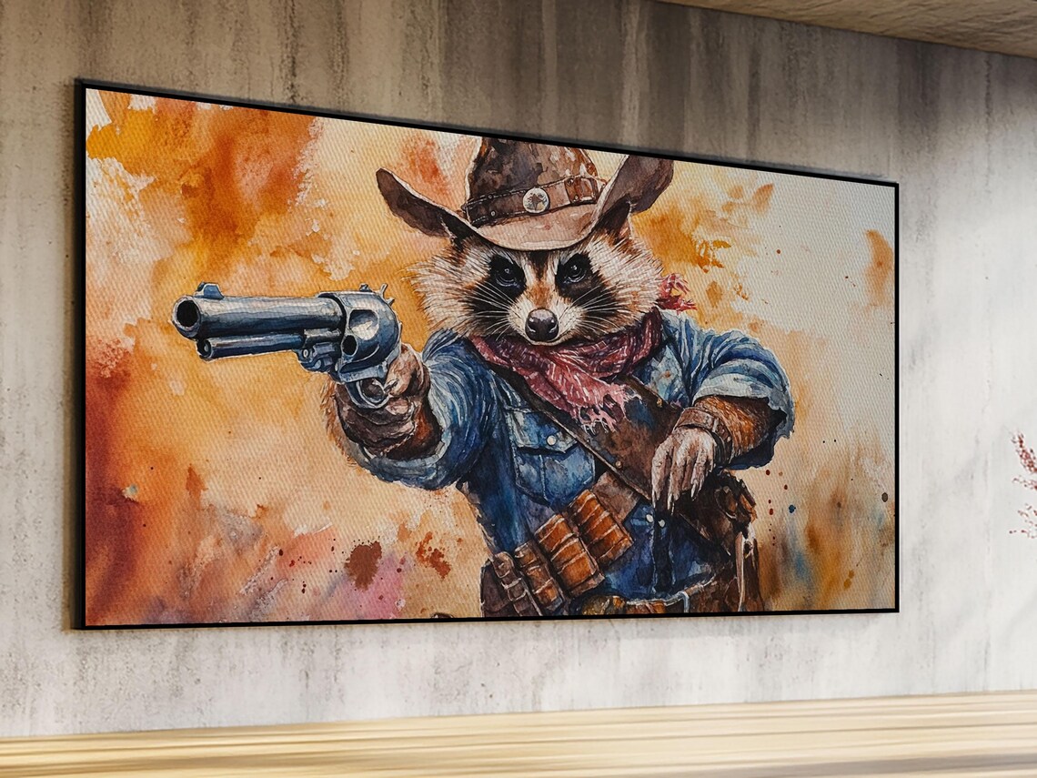 Raccoon Cowboy With Revolver Western Watercolor Animal Painting Print - Image 5