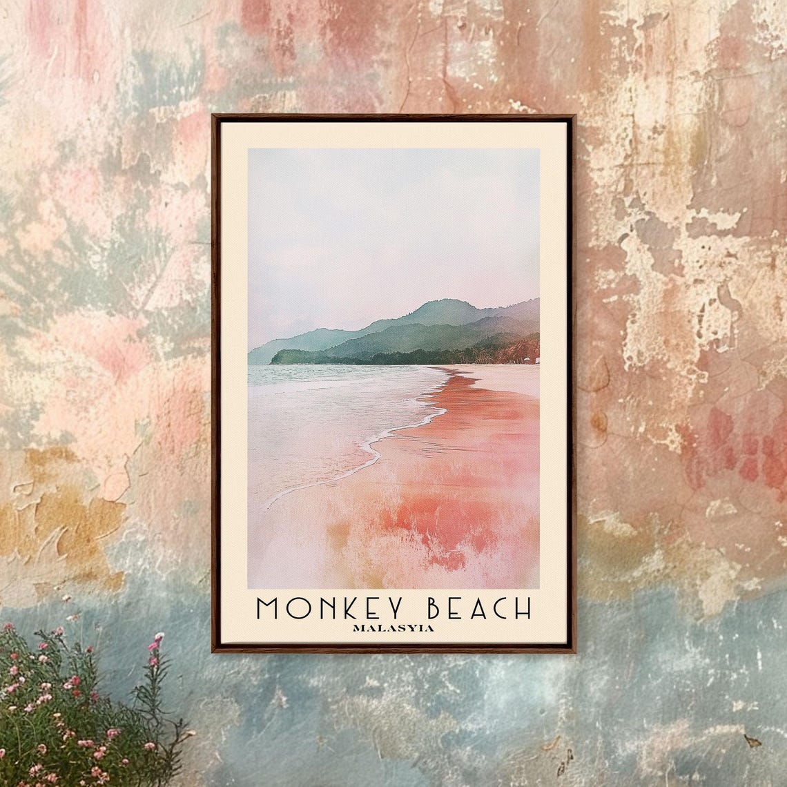 Monkey Beach Malaysia Sunset Calm Shore Palm Hills Watercolor Poster