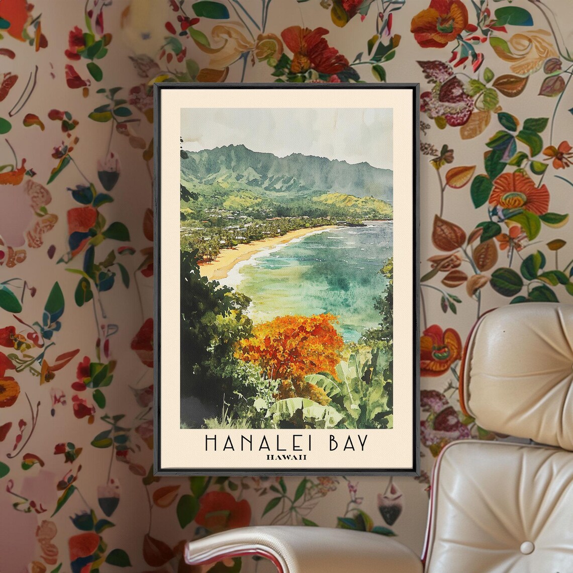 Hanalei Bay Hawaii Lush Tropical Bay Mountain View Watercolor Poster - Image 2