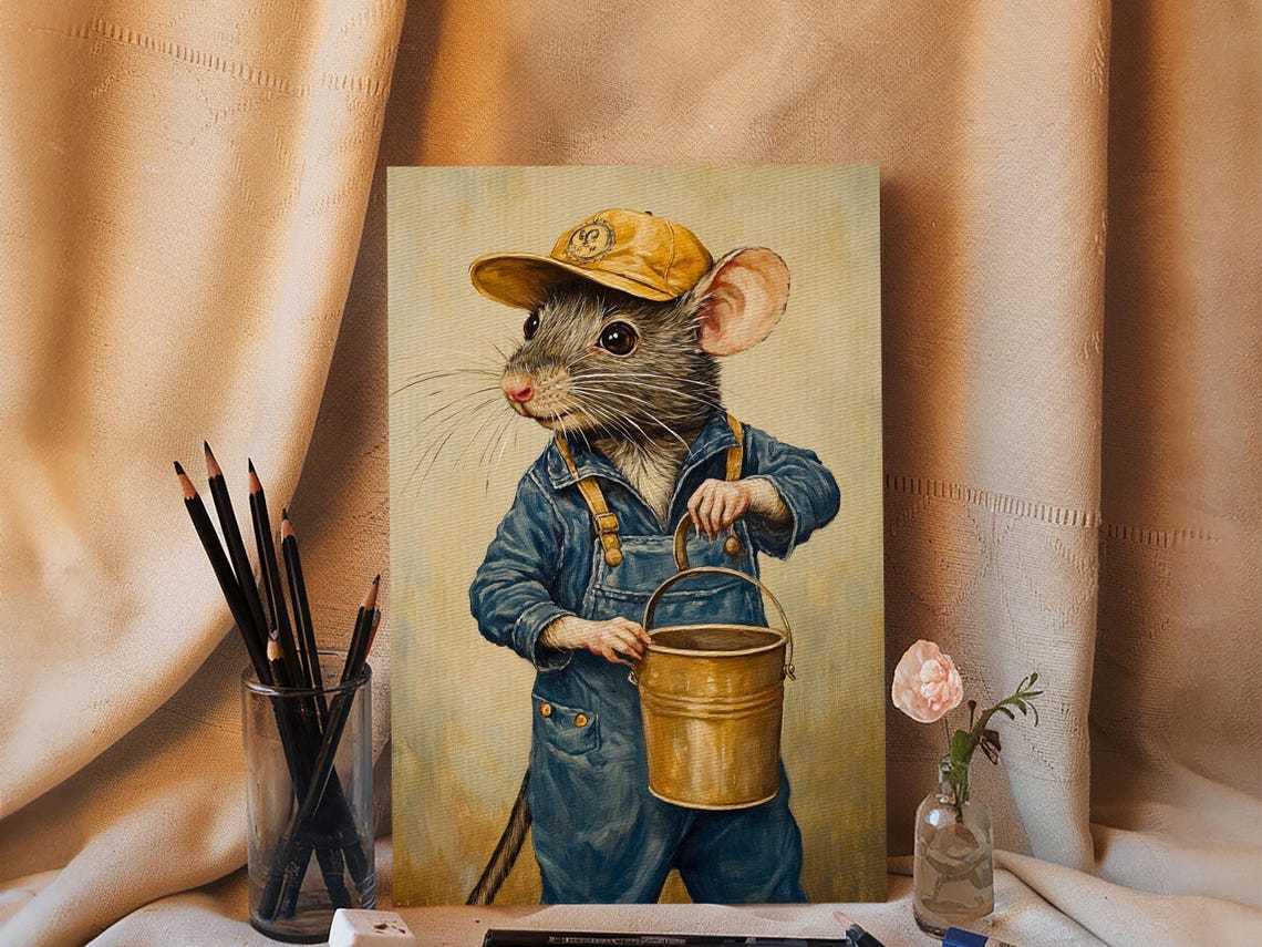 Cute Rat Handyman Overalls Bucket Whimsical Storybook Animal Art Print - Image 5