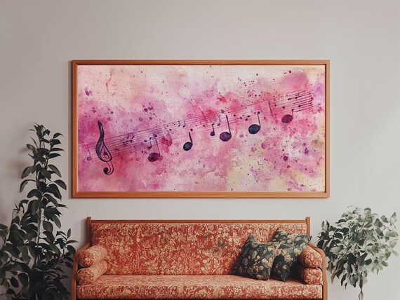 Pink Watercolor Sheet Music With Treble Clef And Floating Notes Poster