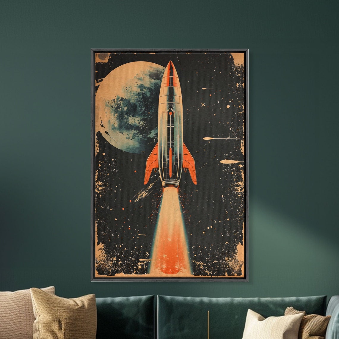 Vintage Rocket Launch Poster Flying Past Moon Distressed Space Art