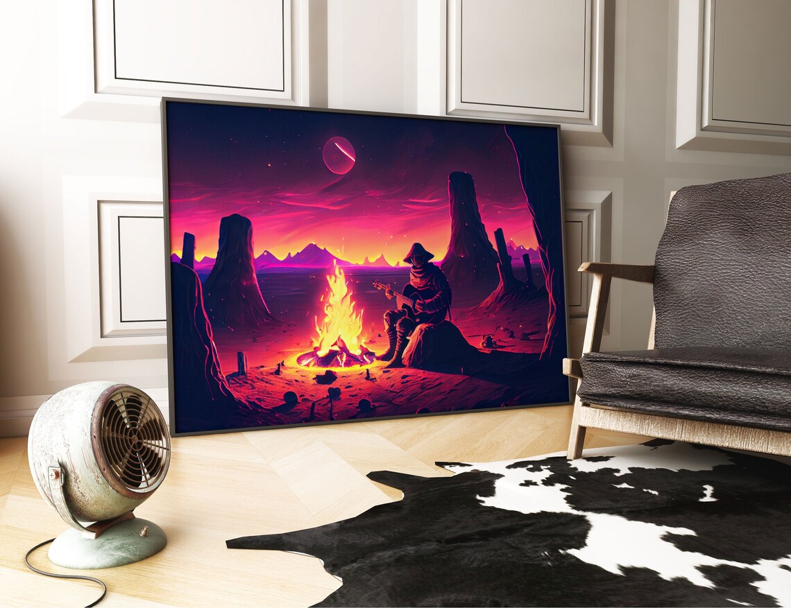 Valley Canyon Man Campfire Guitar Landscape Magenta Fine Art Print Wall Art Print Wall Poster Wall Dcor - Image 3