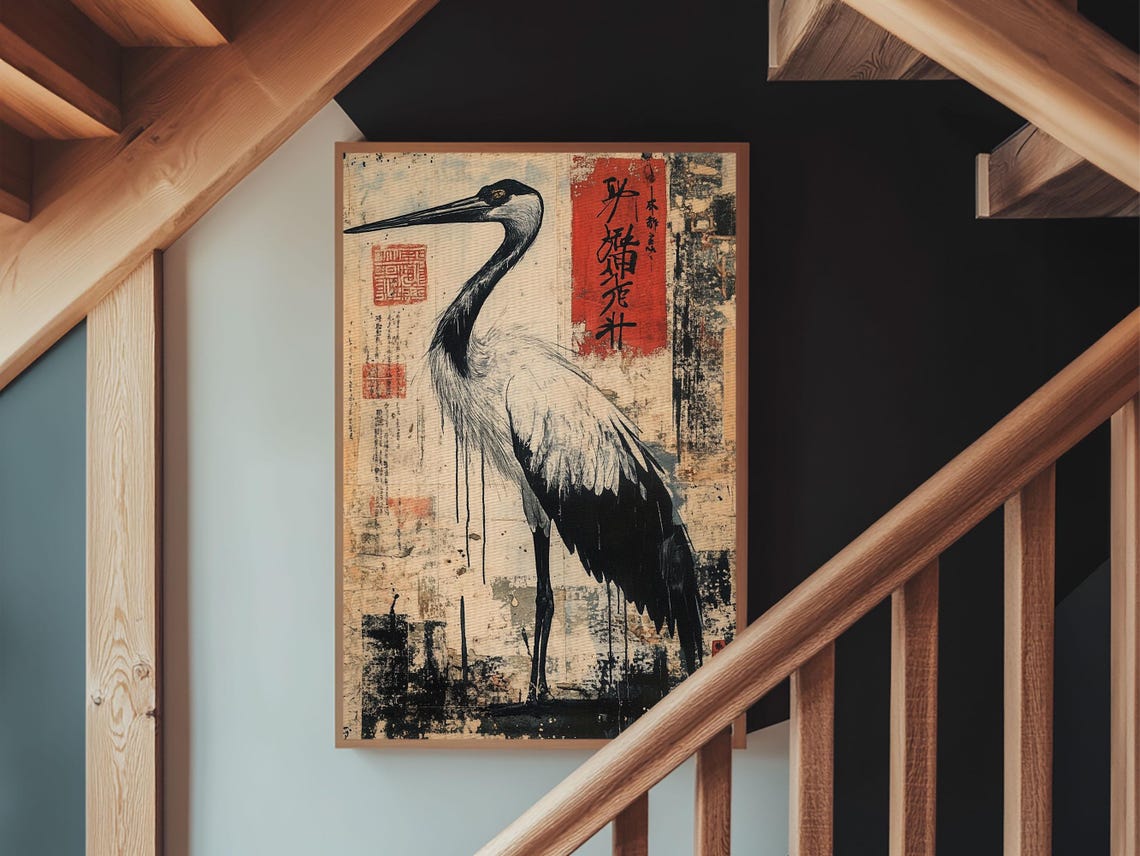 Japanese Red Crowned Crane Ink Painting Vintage Asian Bird Poster