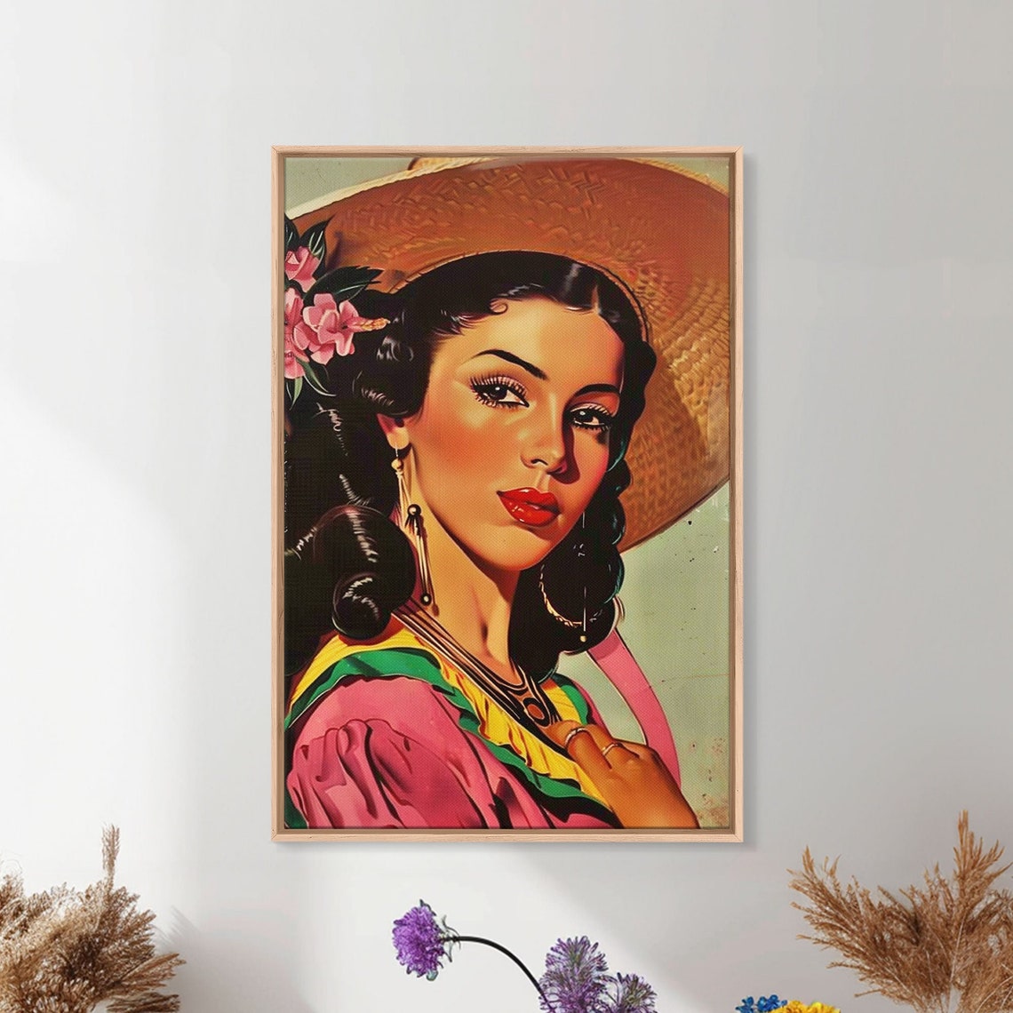 Vintage Elegant Lady Straw Hat Floral Portrait Retro Wall Art Poster - Image 2