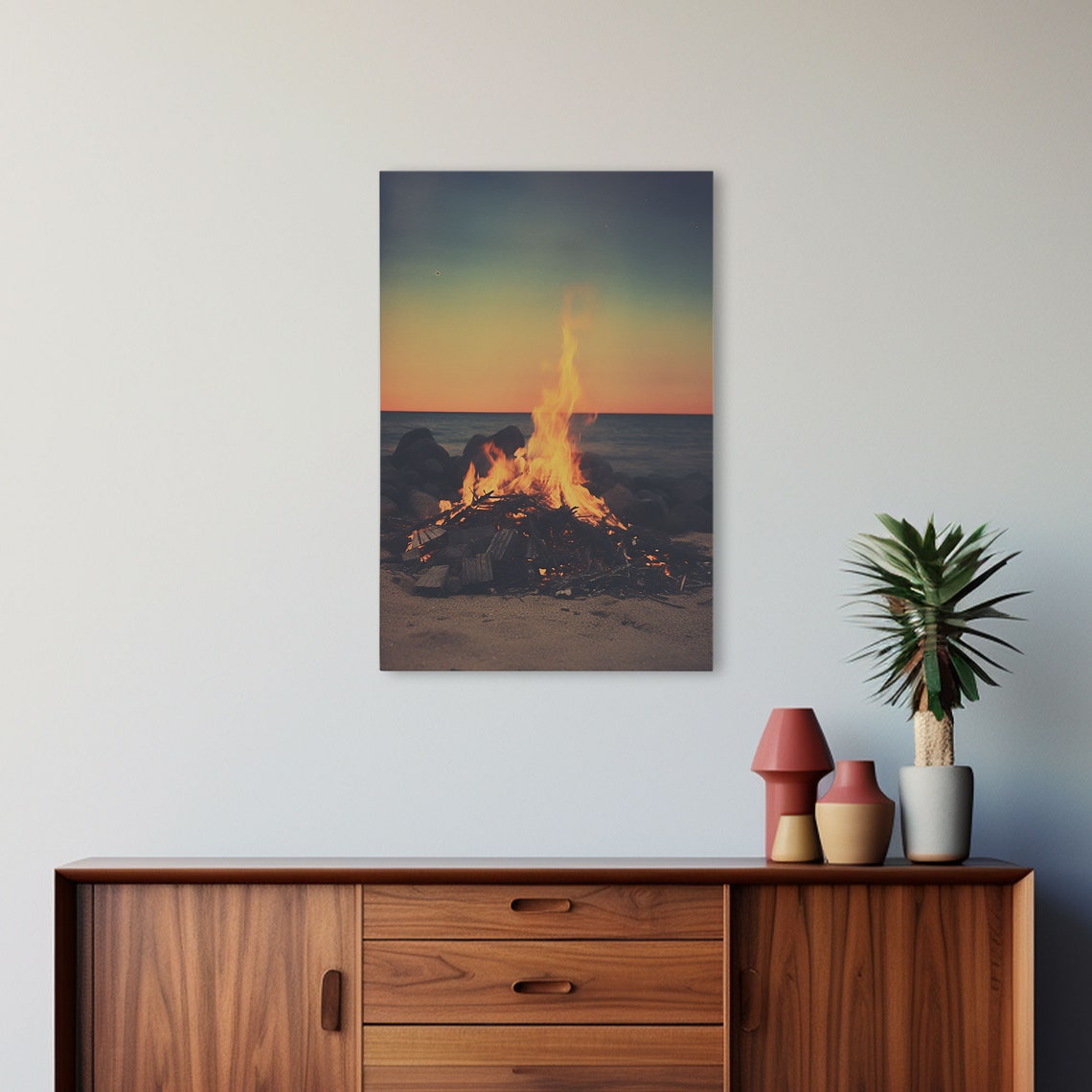 Beach Bonfire At Sunset Ocean Flames Rocks Moody Coastal Photo Poster - Image 5