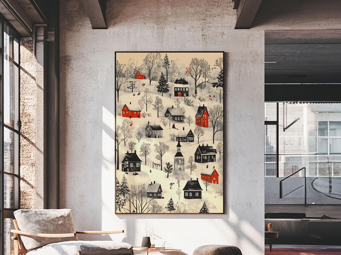 Snowy Christmas Village Red Houses Winter Hillside Holiday Art Poster - Image 5