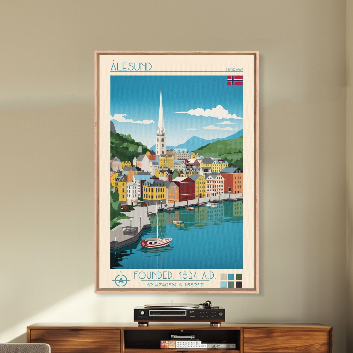 Alesund Norway Colorful Harbor Church Spire View Travel Poster - Image 5