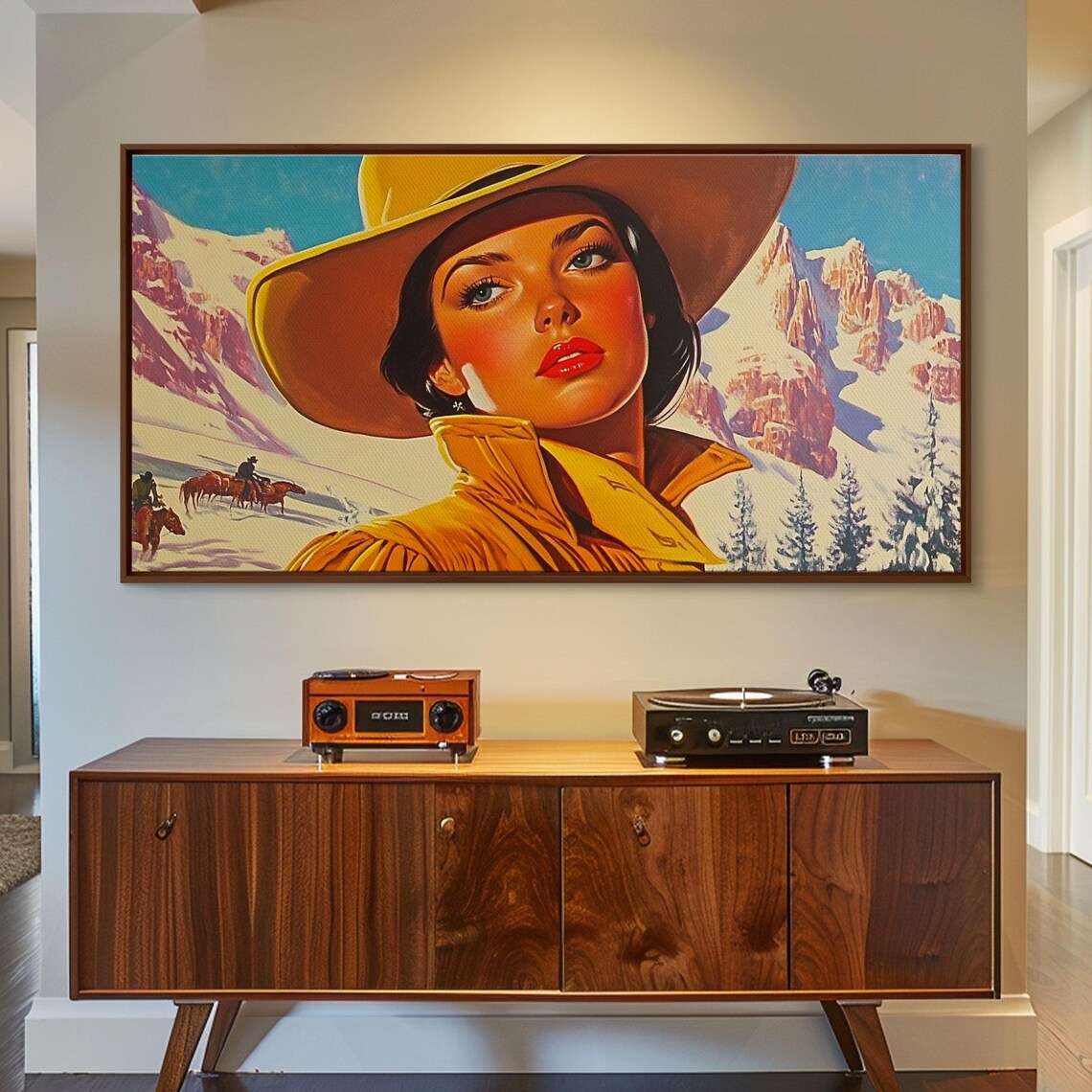 Retro Cowgirl Portrait With Snowy Mountain Riders Behind Art Print - Image 6