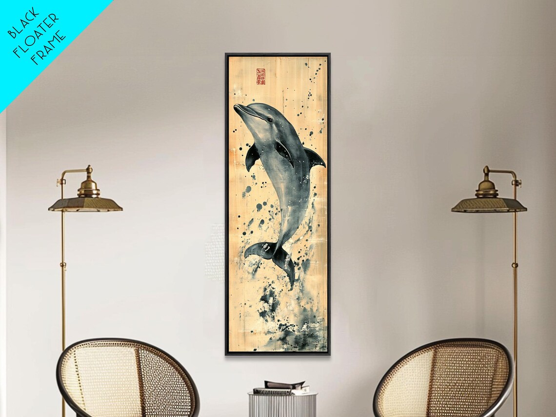 Leaping Dolphin Ink Wash Gold Splash Japanese Style Marine Art Poster - Image 5