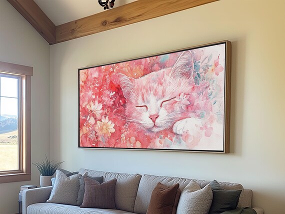Sleeping Pink Kitten Among Flowers Watercolor Cute Cat Art Poster