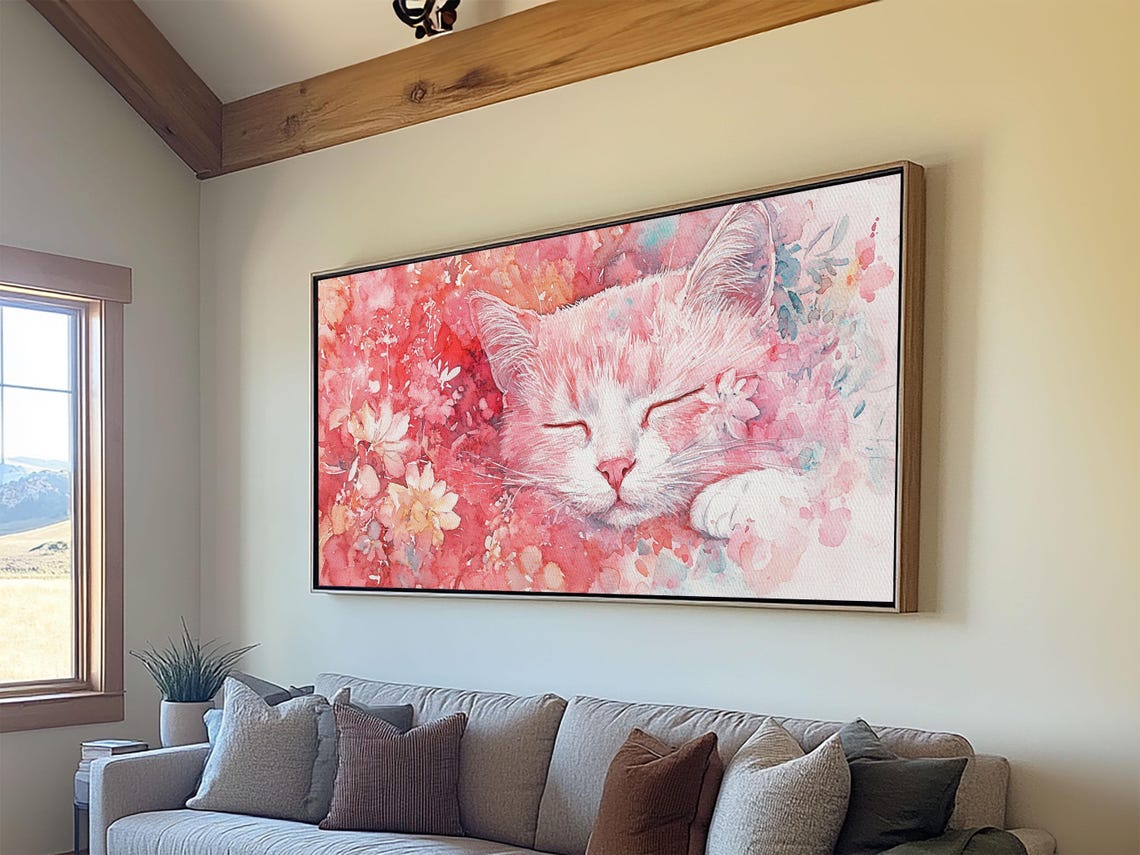 Sleeping Pink Kitten Among Flowers Watercolor Cute Cat Art Poster